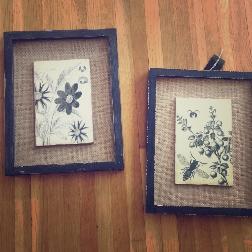 Two burlap and botanical prints